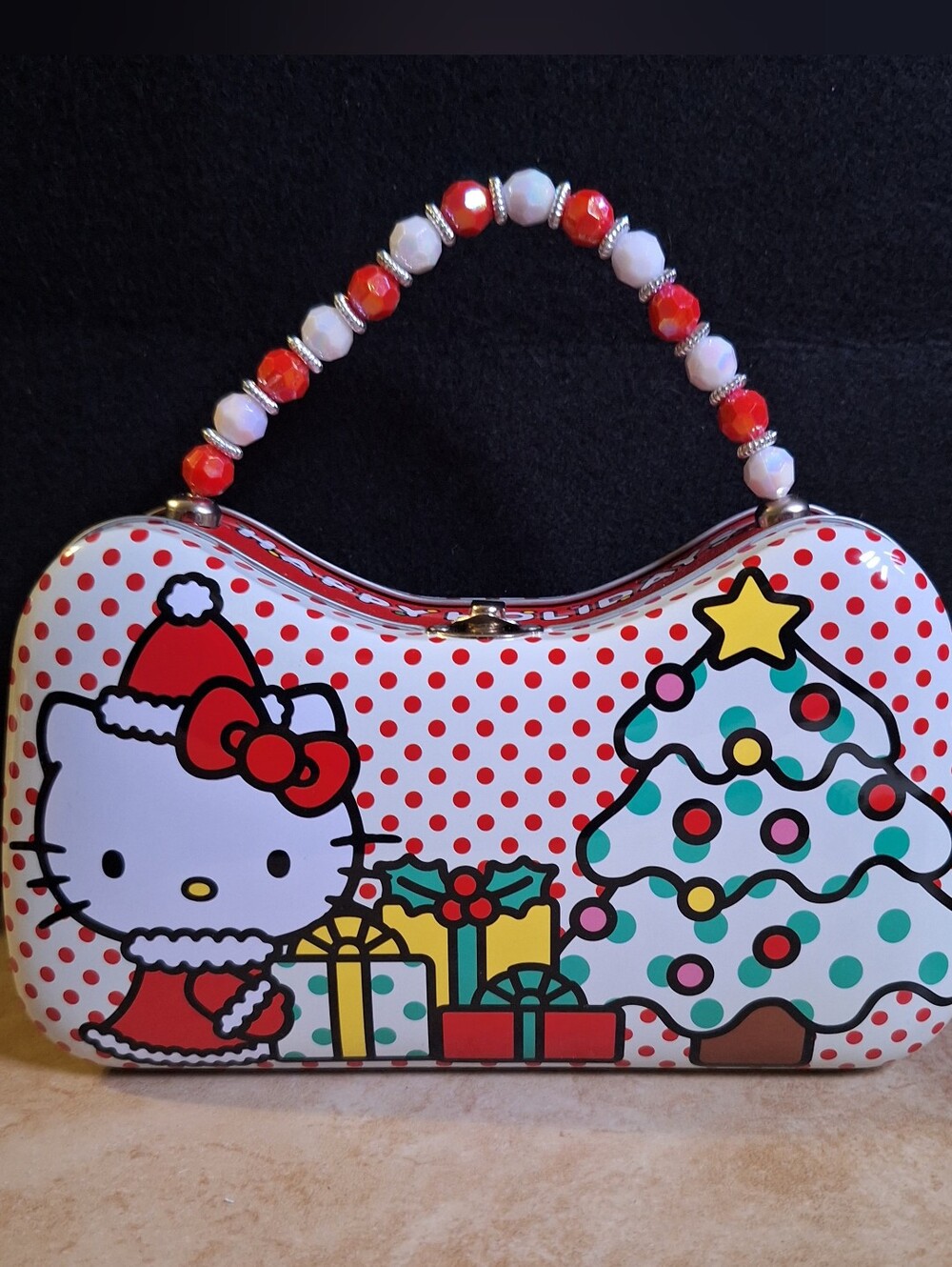 Sanrio Hello Kitty 2023 Christmas Tree Tin Carrier Purse Box Beaded Handle 8"